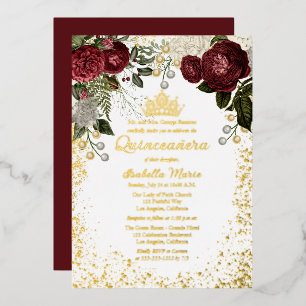 Quinceañera Glam Burgundy Rose Floral Birthday Foil Invitation