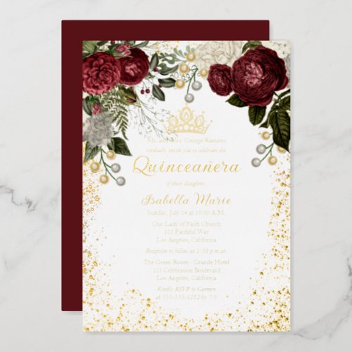 Quinceaera Glam Burgundy Rose Floral Birthday Foil Invitation