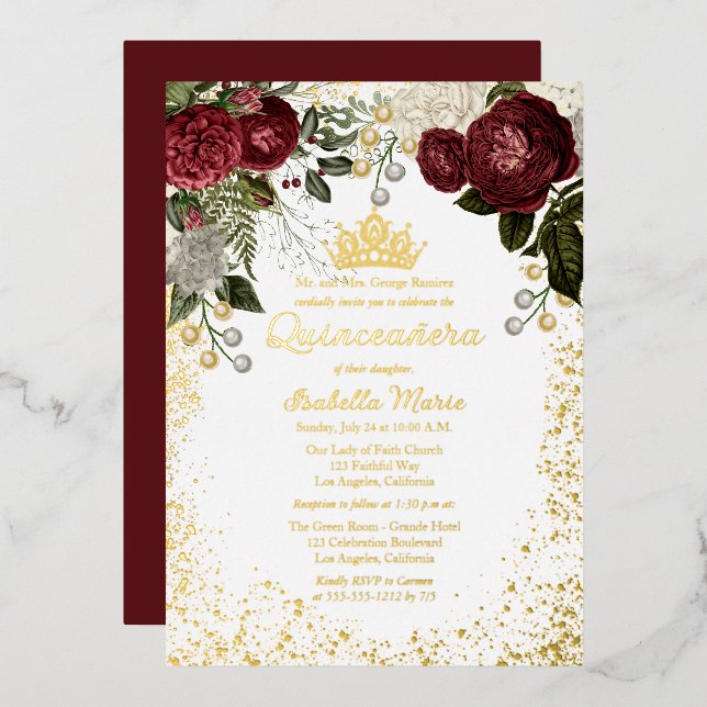 Quinceañera Glam Burgundy Rose Floral Birthday Foil Invitation (Front/Back)