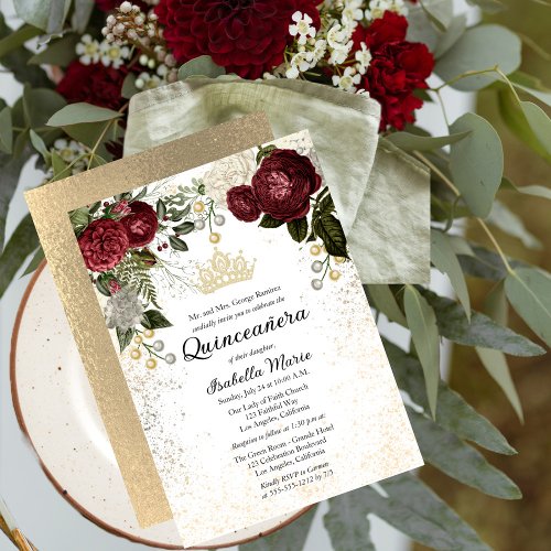 Quinceaera Glam Burgundy Rose Floral Birthday Invitation