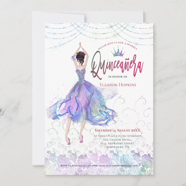 Quinceanera Glam Lilac Blue Dancer String Lights Invitation (Front)