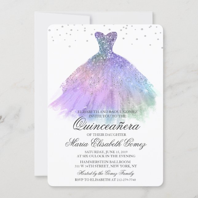Quinceanera Glitter Dress Diamond Invitation (Front)