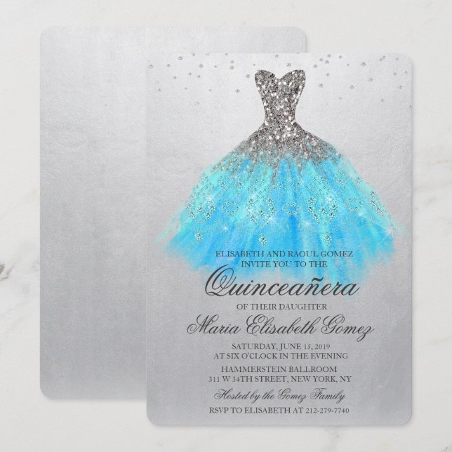 Quinceanera Glitter Dress Diamond Invitation (Front/Back)
