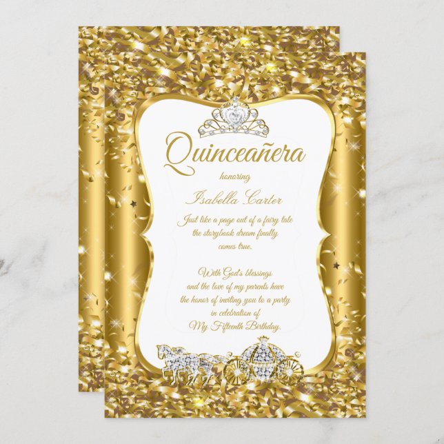 Quinceanera Glitter Fairytale Gold Carriage Party Invitation (Front/Back)