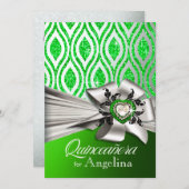 Quinceanera Glitter Geometric Ovals | green silver Invitation (Front/Back)