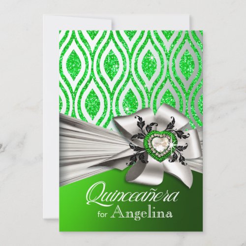 Quinceanera Glitter Geometric Ovals  green silver Invitation