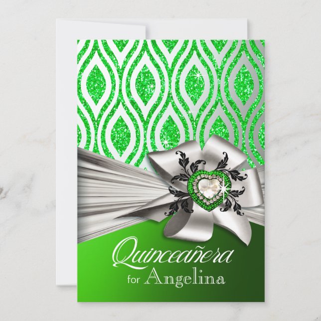 Quinceanera Glitter Geometric Ovals | green silver Invitation (Front)