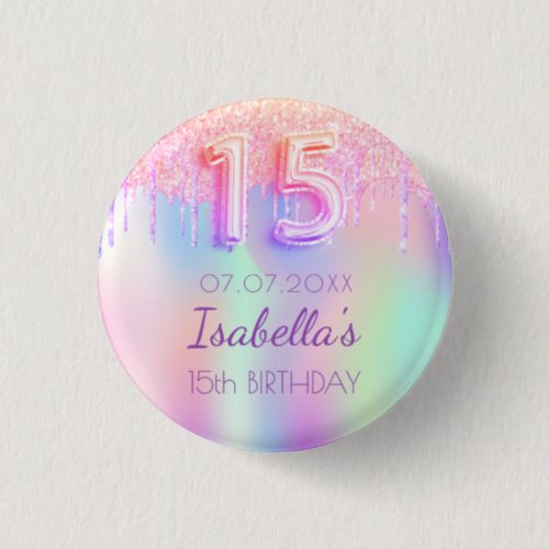 Quinceanera glitter rainbow pink name monogram button