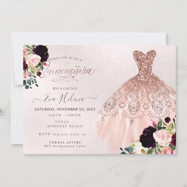 Quinceañera , Glitters Gown, Burgundy Blush Invitation (Front)