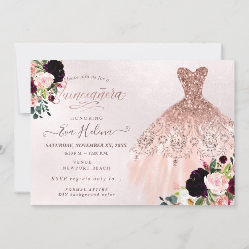 Quinceaera  Glitters Gown Burgundy Blush Invitation