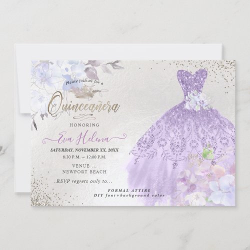 Quinceaera Glitters Gown Dusty Purple Lilac Invitation
