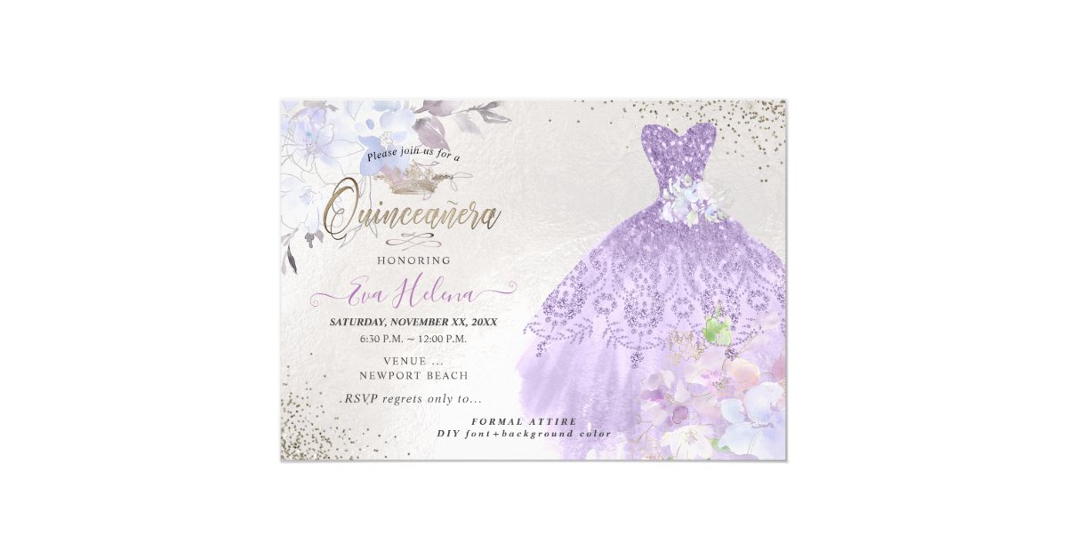 Quinceañera Glitters Gown Dusty Purple Lilac Invitation | Zazzle.com