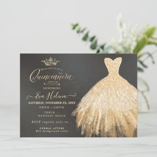 Quinceañera , Glitters Gown, Faux Gold Invitation | Zazzle