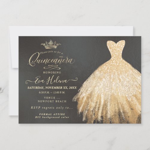 Quinceaera  Glitters Gown Faux Gold Invitation