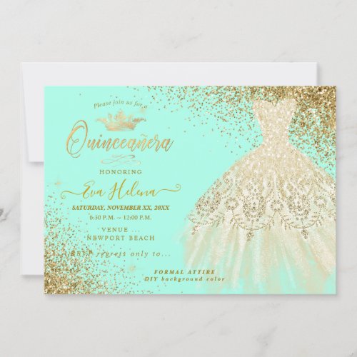 Quinceaera  Glitters Gown Faux GoldMint Invitation