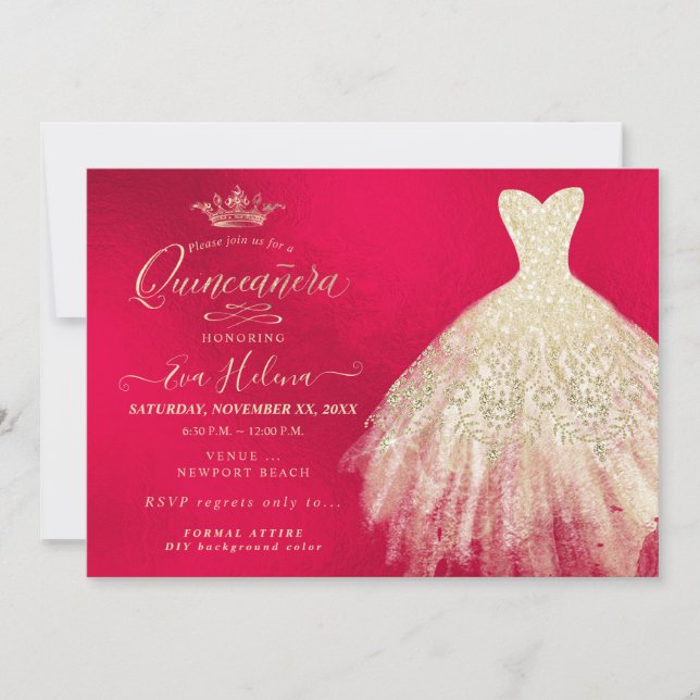 Quinceañera , Glitters Gown, Faux Gold+Red Invitation (Front)