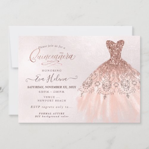 Quinceaera  Glitters Gown Faux Rose Gold Invitation