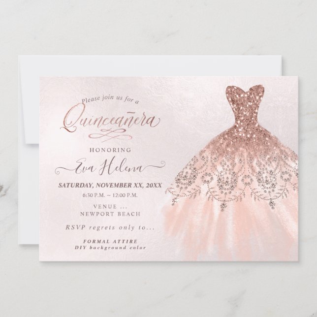 Quinceañera , Glitters Gown, Faux Rose Gold Invitation (Front)