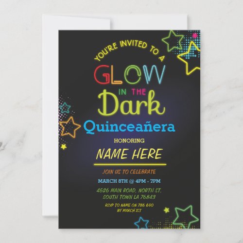 Quinceanera Glow In The Dark Birthday Neon Party Invitation