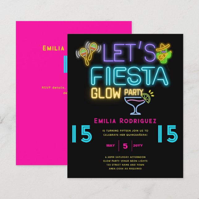 QUINCEAÑERA Glow Party Invitación Fiesta de Neón (Front/Back)