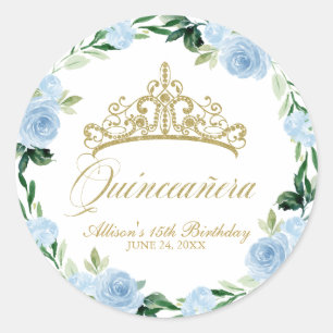 Quinceanera God Tiara Baby Blue Floral Classic Round Sticker