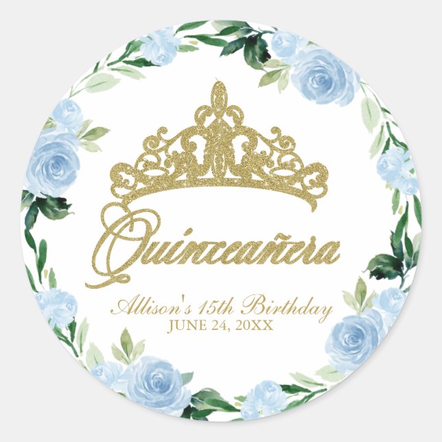 Quinceanera God Tiara Baby Blue Floral Classic Round Sticker (Front)
