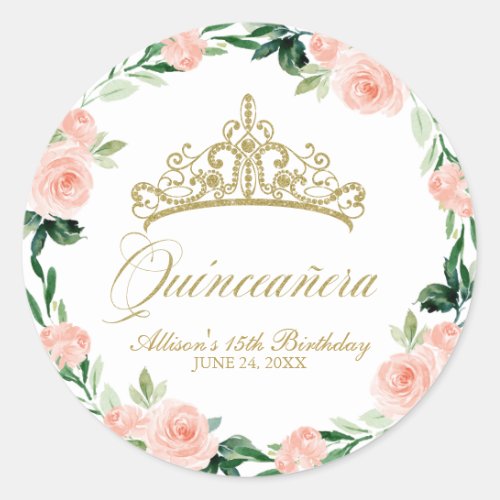 Quinceanera God Tiara Blush Pink Floral  Classic Round Sticker