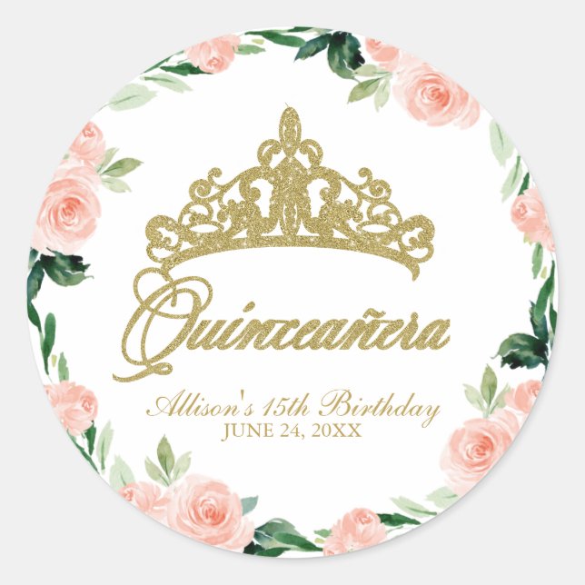 Quinceanera God Tiara Blush Pink Floral  Classic Round Sticker (Front)