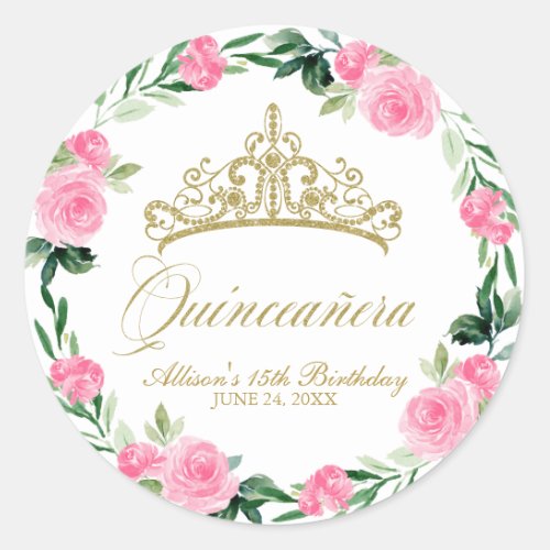 Quinceanera God Tiara Hot Pink Floral Classic Round Sticker