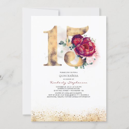 Quinceanera Gold and Burgundy Red 15th Birthday Invitation