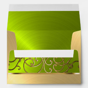 Quinceanera Gold and Lime Filigree Swirl Border Envelope