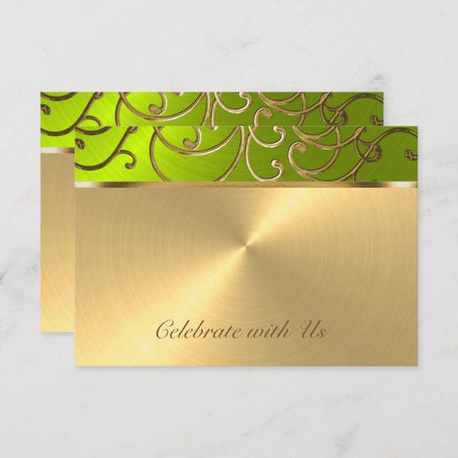 Quinceanera Gold and Lime Filigree Swirl Border Invitation (Front/Back)