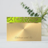 Quinceanera Gold and Lime Filigree Swirl Border Invitation (Standing Front)