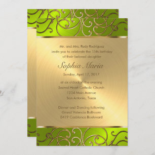 Quinceanera Gold and Lime Filigree Swirl Border Invitation