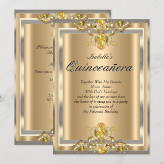 Quinceanera Gold Beige Yellow Gems 15 Birthday Invitation
