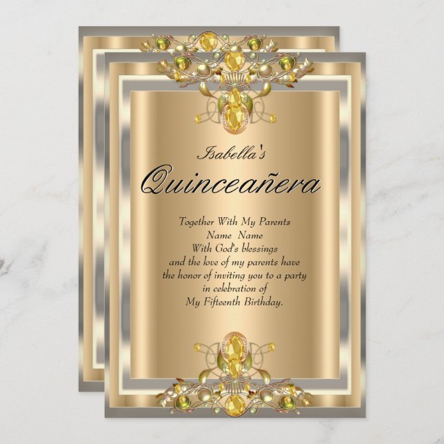 Quinceanera Gold Beige Yellow Gems 15 Birthday Invitation (Front/Back)