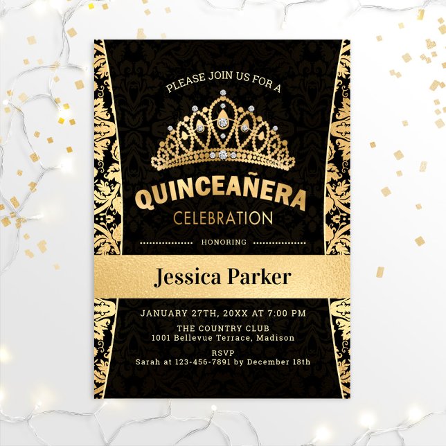 Quinceanera Gold Black Elegant Invitation (Creator Uploaded)