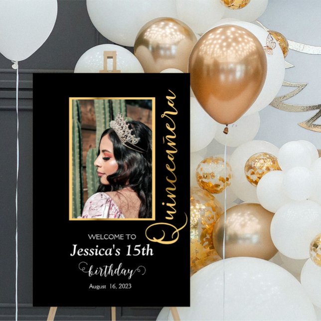 Quinceanera Gold Black Photo Elegant Welcome Sign (Creator Uploaded)