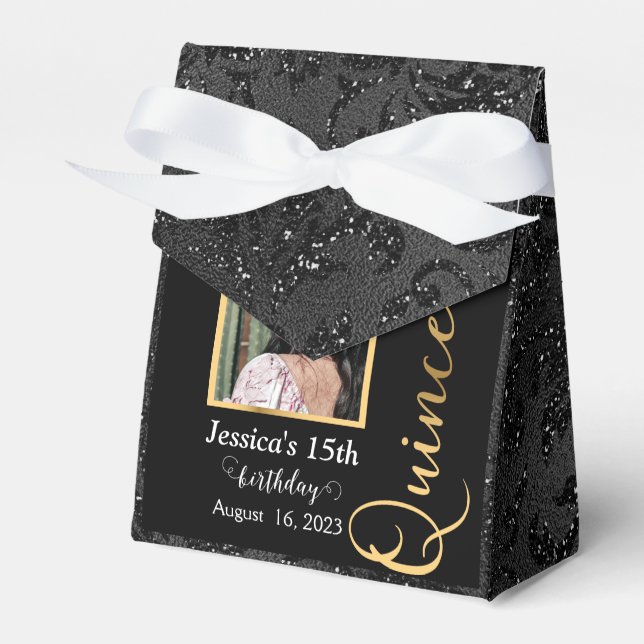 Quinceanera Gold Black Photo Glitter Favor Box (Front Side)