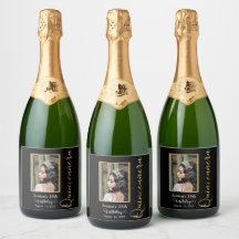 Quinceanera Gold Black Photo Sparkling Wine Label