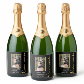 Quinceanera Gold Black Photo Sparkling Wine Label
