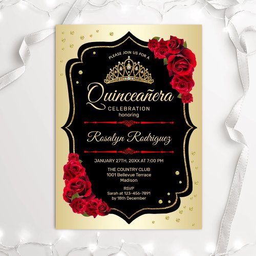 Quinceanera _ Gold Black Red Invitation
