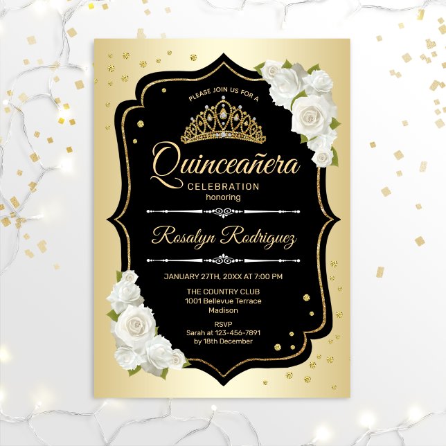Quinceanera - Gold Black White Invitation