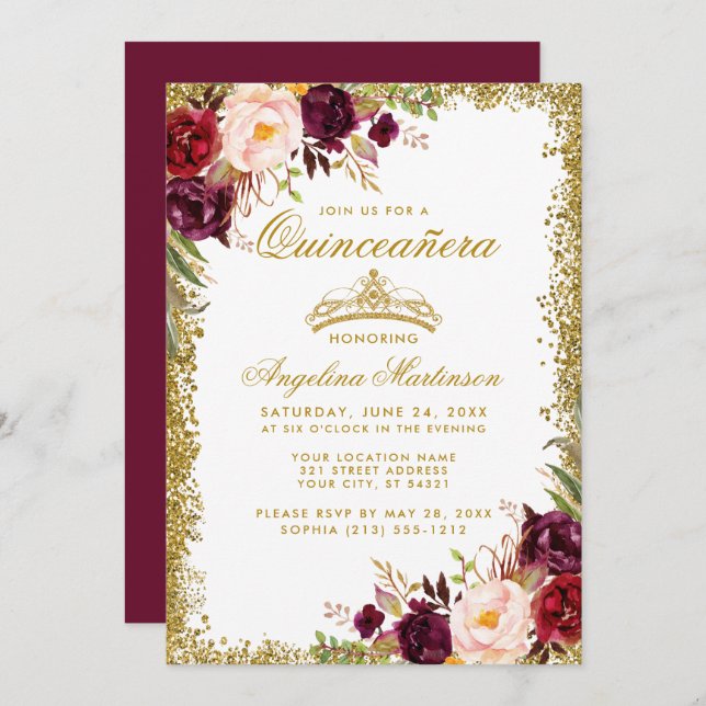Quinceanera Gold Burgundy Floral Crown Invite B (Front/Back)