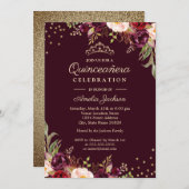 Quinceanera Gold Burgundy floral Sparkle Invitation (Front/Back)