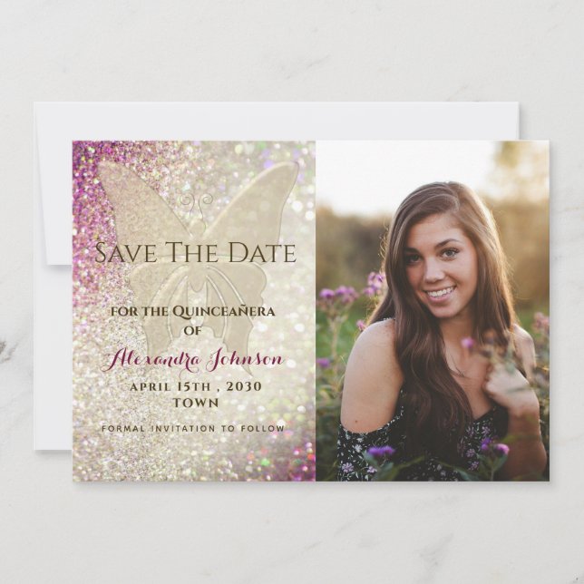 Quinceañera Gold Butterfly Save The Date (Front)