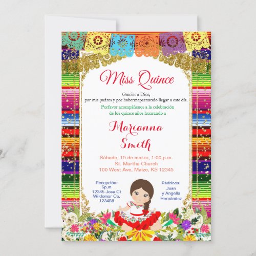 Quinceanera Gold Colorful Mexican Miss Quince  Invitation