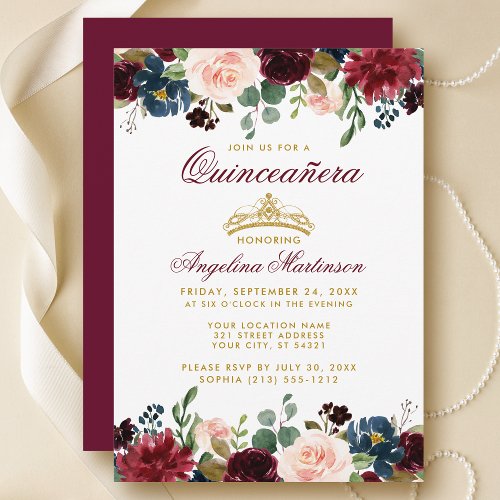 Quinceanera Gold Crown Burgundy Blue Floral Invite