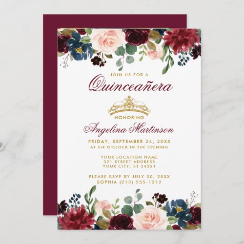 Quinceanera Gold Crown Burgundy Blue Floral Photo Invitation