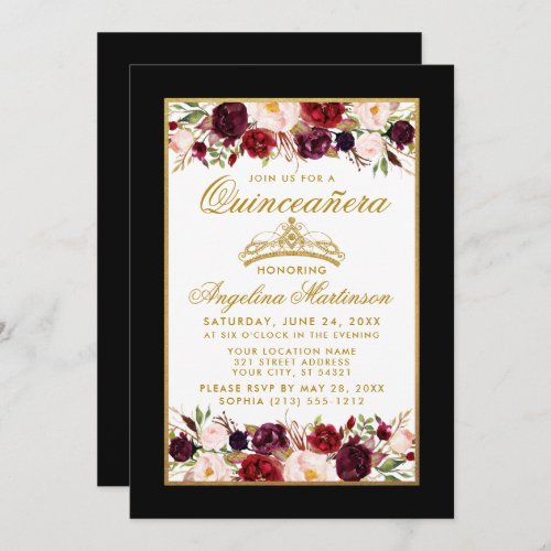 Quinceanera Gold Crown Burgundy Floral Black Invitation